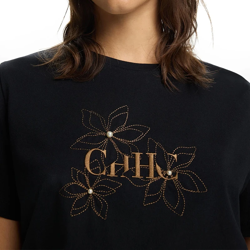 Camiseta de Cuello Redondo para Mujer, Bordado Floral, Decoración de Perlas, Manga Corta, Informal, para Uso Diario, Tops Básicos