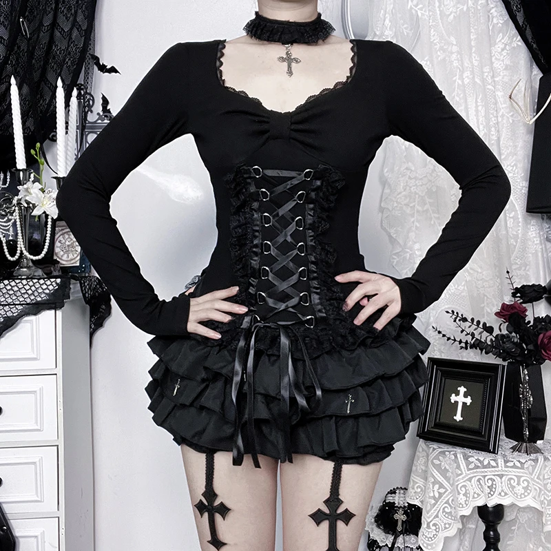 Camiseta Corset Estilo AltGoth Fairycore Grunge Gótico para Mujer, Estética Vintage Oscura, con Encaje y Parches, Cintura Alta, Estilo Bandage