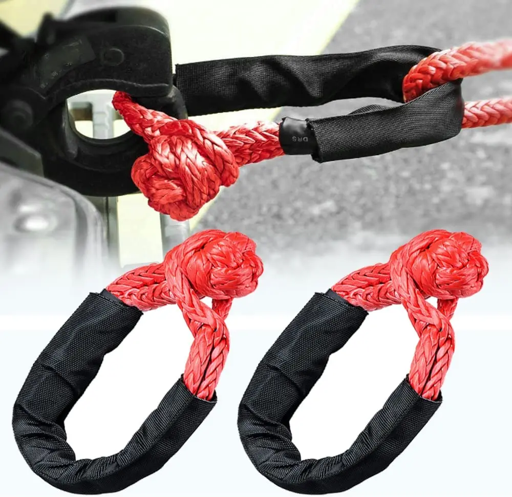 Cuerda de cabrestante de 55000 libras, grillete suave sintético o juego de anillos de recuperación, grilletes resistentes con funda protectora para recuperación de vehículos y camiones