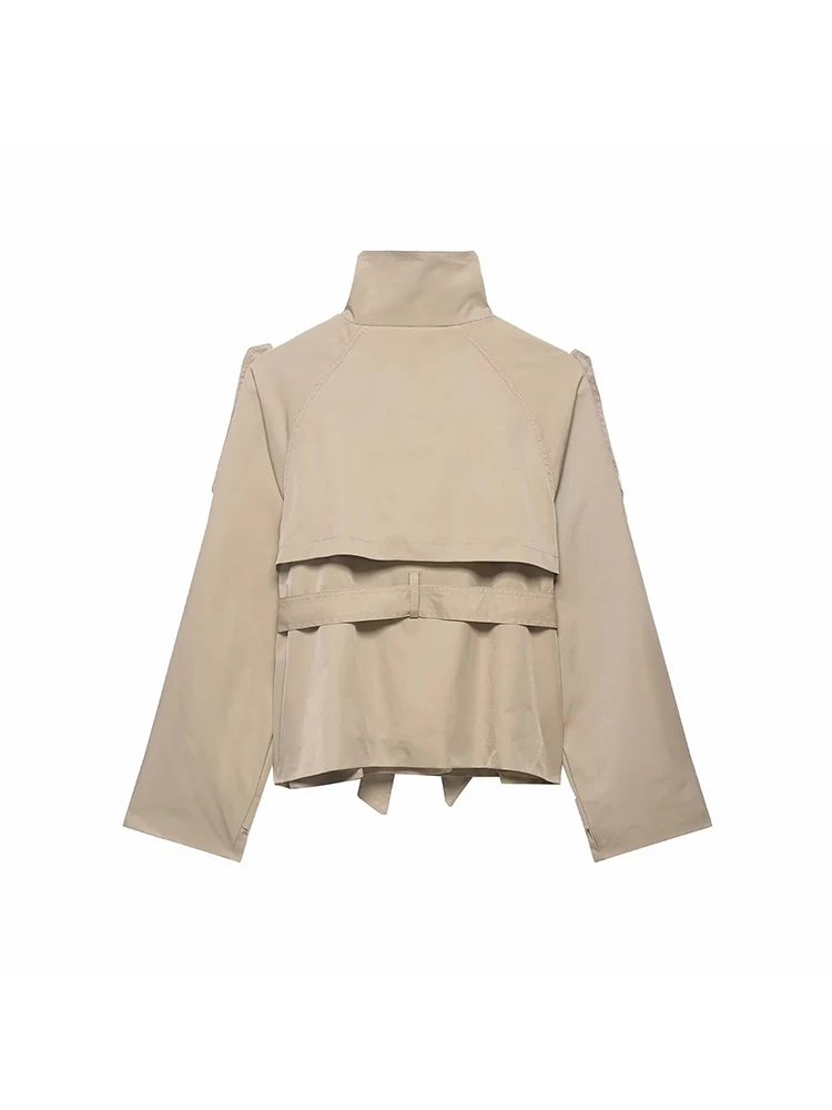 Abrigos cortos tipo trench para mujer, conjunto de otoño para mujer, abrigos de doble botonadura con cuello alto, chaquetas vintage informales para dama