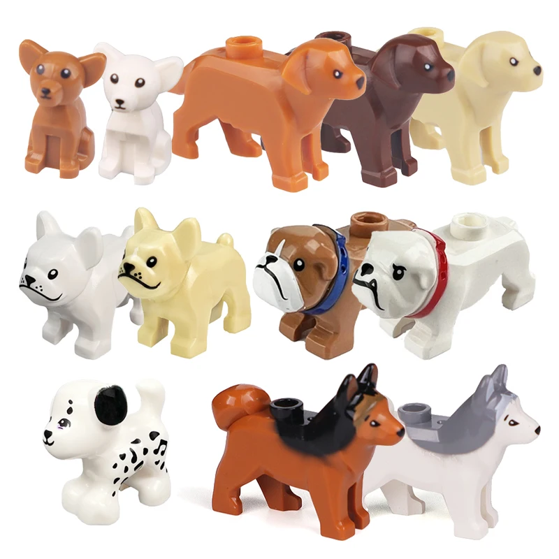 Bloques de Construcción Compatibles con Animales para Niños, MOC, Perro Policía de Pelo Dorado, Husky, Bulldog, Chihuahua, Ladrillos de Modelo, Juguetes DIY para Niños, 5 Piezas