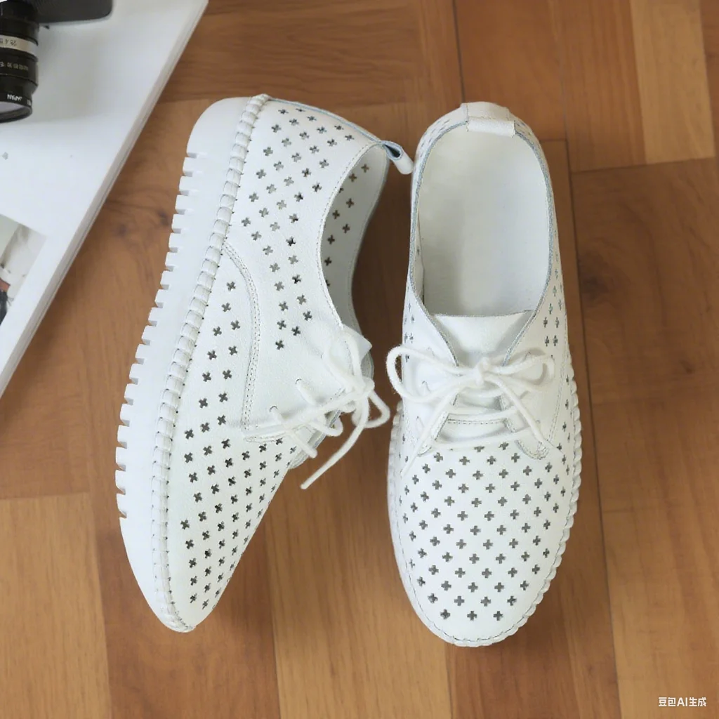 Zapatillas planas de cuero genuino para mujer, mocasines informales para mujer, mocasines huecos, zapatos náuticos de lona con cordones blancos