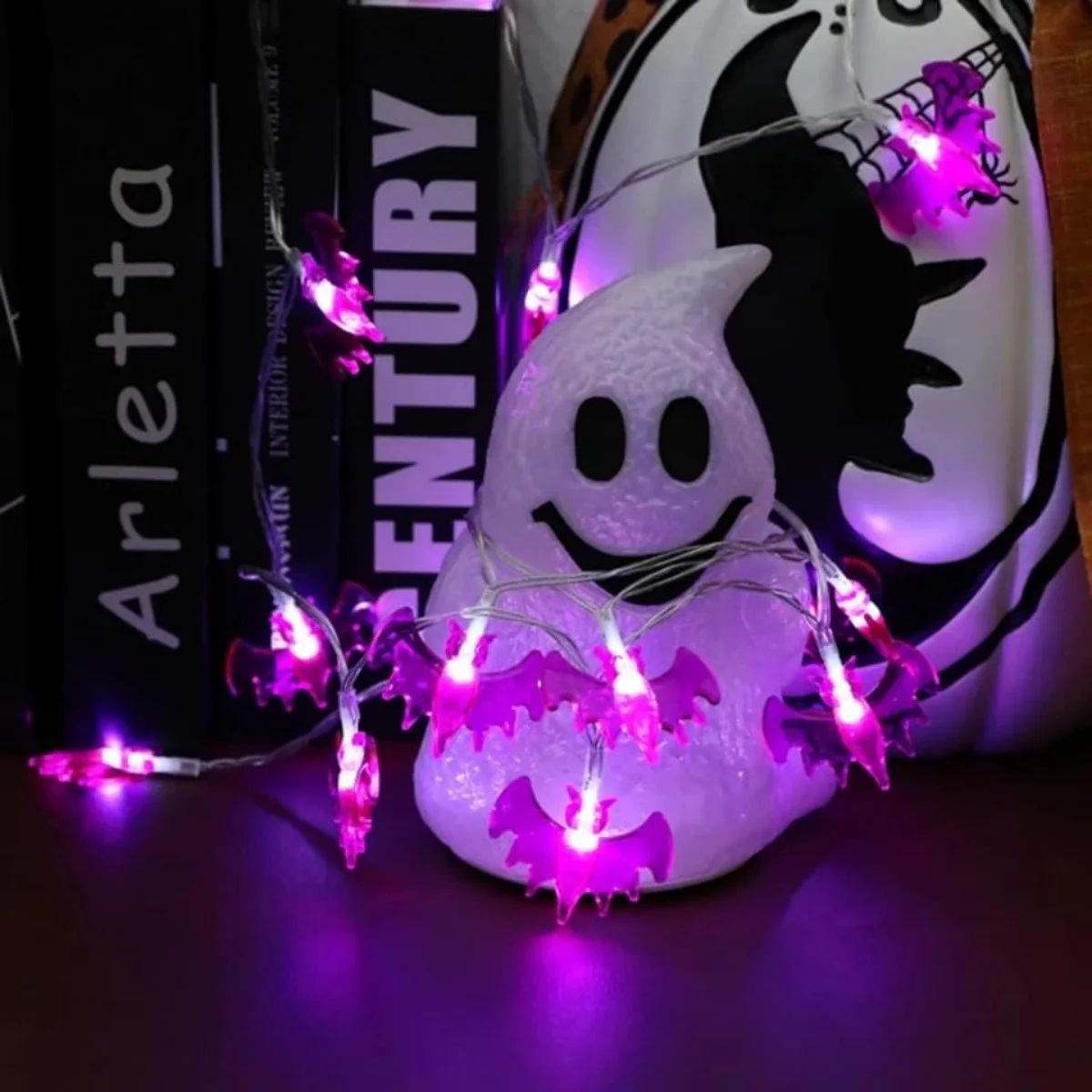 Guirnalda de luces LED de murciélago púrpura, funciona con pilas, lámpara decorativa colgante impermeable para exteriores, adecuada para decoración de fiesta, 10/20/30 Uds.