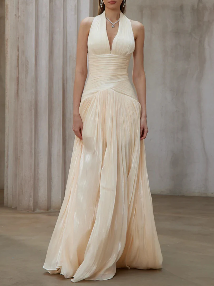 TWOTWINSTYLE, vestidos elegantes lisos adelgazantes con pliegues empalmados para mujer, vestido largo de cintura alta sin mangas con cuello Halter, ropa femenina nueva