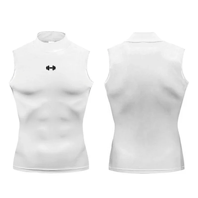 Camisa de compresión para hombre, ropa deportiva de verano, chaleco para correr, camisetas deportivas elásticas de secado rápido sin mangas, camiseta de cuello alto, camiseta sin mangas para entrenamiento en gimnasio