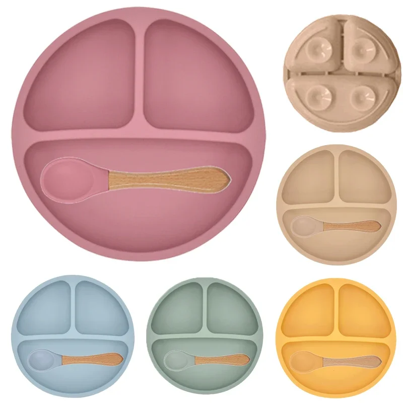 Juego de 5 unidades de vajilla de silicona suave para bebé, plato de alimentación para chico, plato con ventosa, cuenco, cuchara, tenedor, platos para niños, juego de vajilla antideslizante