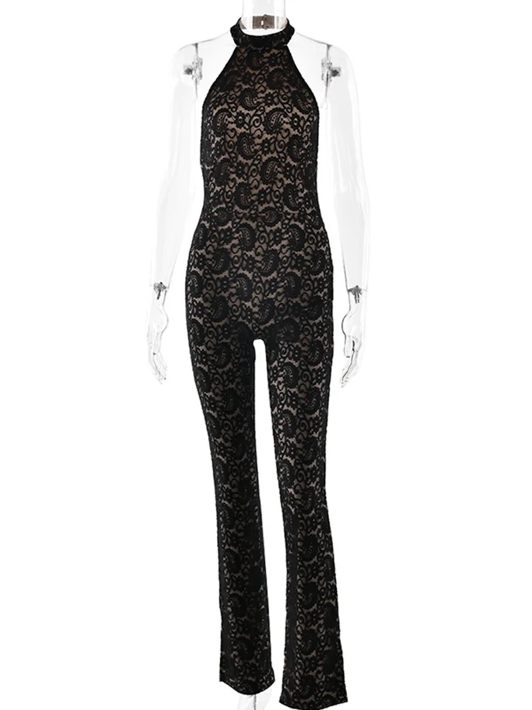 Fantoye Mono de mujer sexy sin espalda con encaje y patchwork, negro, sin mangas, de alta elasticidad, ajustado, elegante, para fiesta y club, primavera