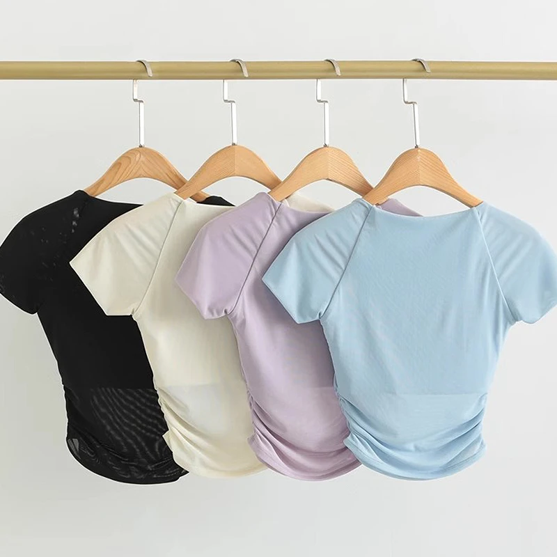 Camisas de Yoga acolchadas para mujer, Top corto deportivo de manga corta, camiseta de entrenamiento para Fitness, medias recortadas sexis para correr, ropa de gimnasio