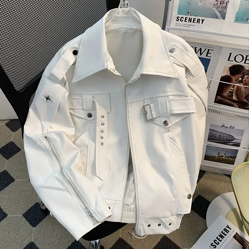 Chaqueta de cuero de industria pesada para hombre, deconstrucción de nicho, diseño de primavera y otoño, chaqueta de cuero corta holgada para motocicleta