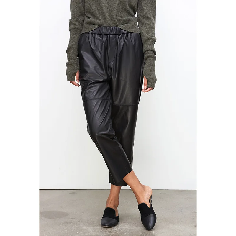 Pantalones Harem de Cuero Genuino para Mujer, Pantalones de Piel de Oveja Real, Cintura Alta Elástica, Nueva Moda Urbana 2026, Pantalones de Talla Grande, Moda Y2K