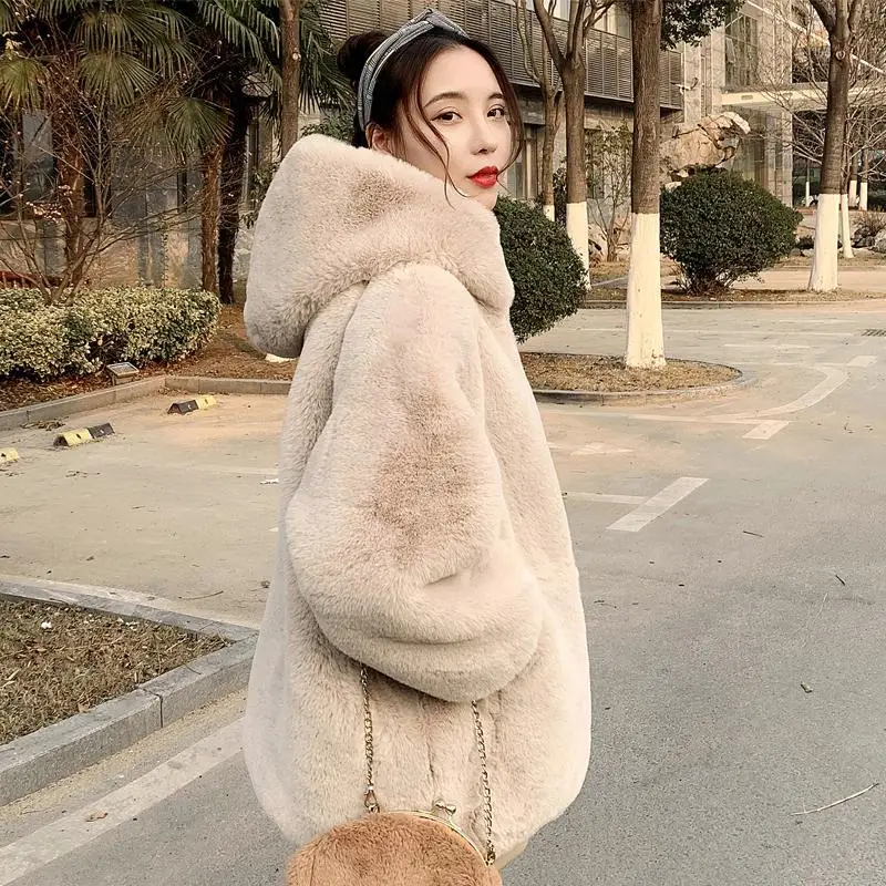 Abrigo coreano holgado de felpa gruesa para mujer, abrigo de invierno de imitación de piel de conejo, chaqueta cálida con cremallera, parka con capucha, abrigo.