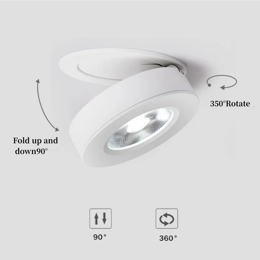 Foco empotrable LED plegable 90 °   Gira hacia arriba y hacia abajo aproximadamente 350 grados. °   Lámpara de Fondo COB de 5W 10W 18W 85-265V Iluminación Interior