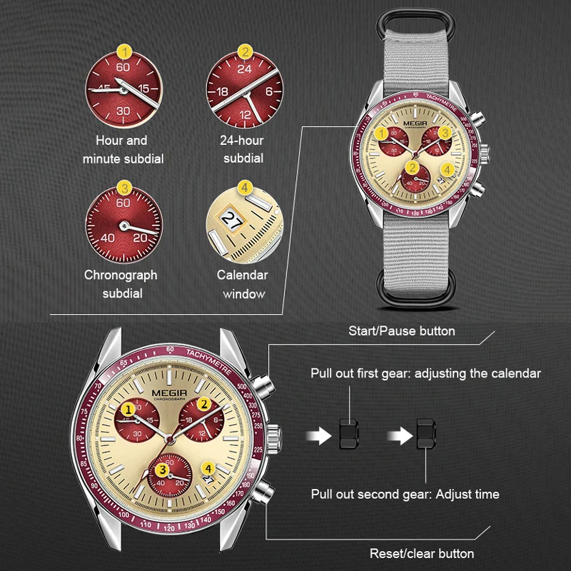 Relojes MEGIR con cronógrafo de cuarzo, reloj de pulsera deportivo resistente al agua para hombre con correa de nailon a la moda, punteros luminosos con fecha, regalo para hombre
