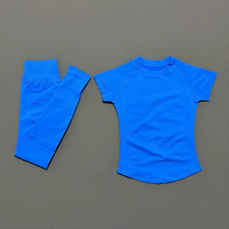 Conjunto Deportivo de 2 Piezas para Mujer, Manga Corta, Cuello Redondo, Transpirable, Leggings Deportivos para Yoga, Ropa Deportiva para Gimnasio