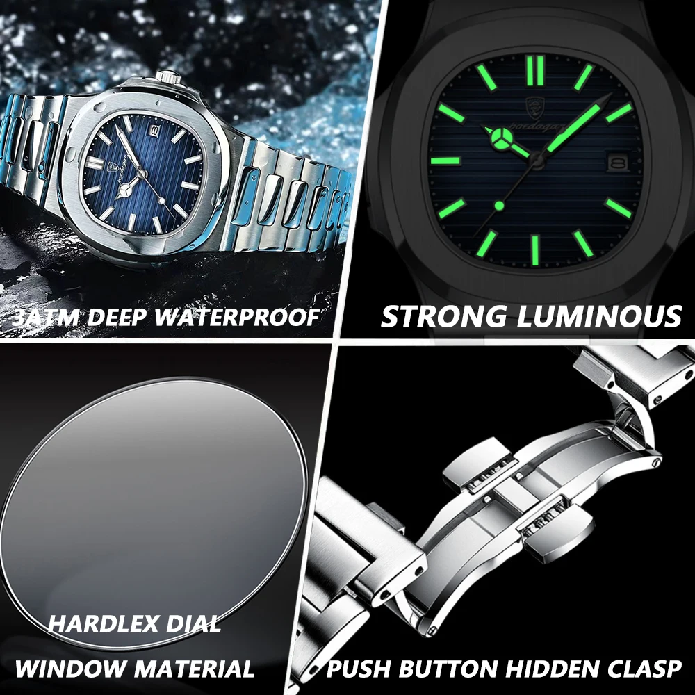 POEDAGAR, reloj cuadrado de cuarzo a la moda para hombre, relojes de acero inoxidable con fecha luminosa resistente al agua para hombre, reloj de pulsera de lujo para hombre de negocios