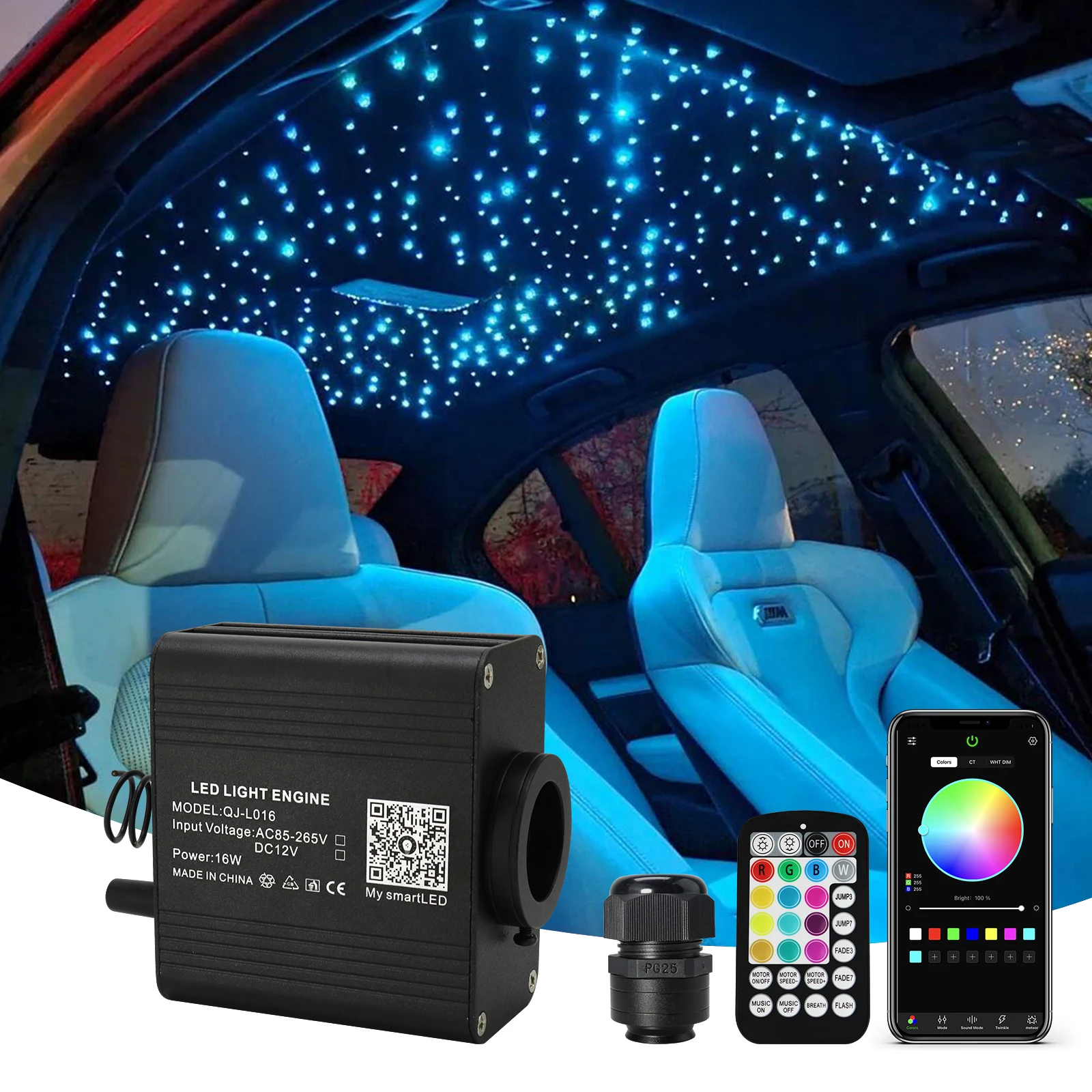 Luz LED de Ambiente para Interior de Coche, 16W RGBW, Efecto de Cielo Estrellado, Control de Música, Fibra Óptica