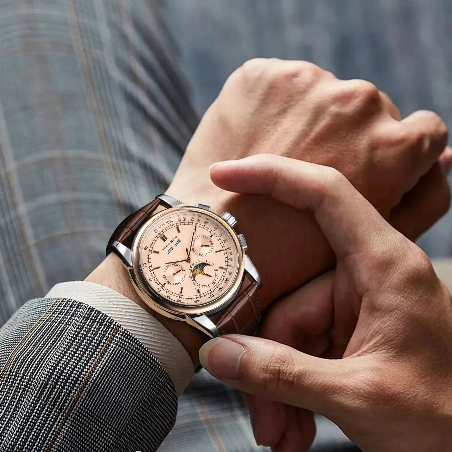 Forsining relojes mecánicos Retro fase lunar movimiento Shanghai caja de oro rosa correa de cuero marrón reloj automático de lujo para hombre