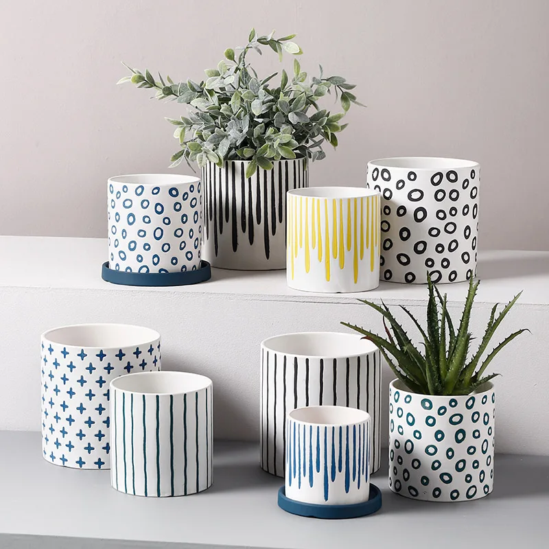Maceta de cerámica nórdica moderna para sala de estar, florero para encimera Interior, patrón geométrico Simple, maceta para plantas y jardinería
