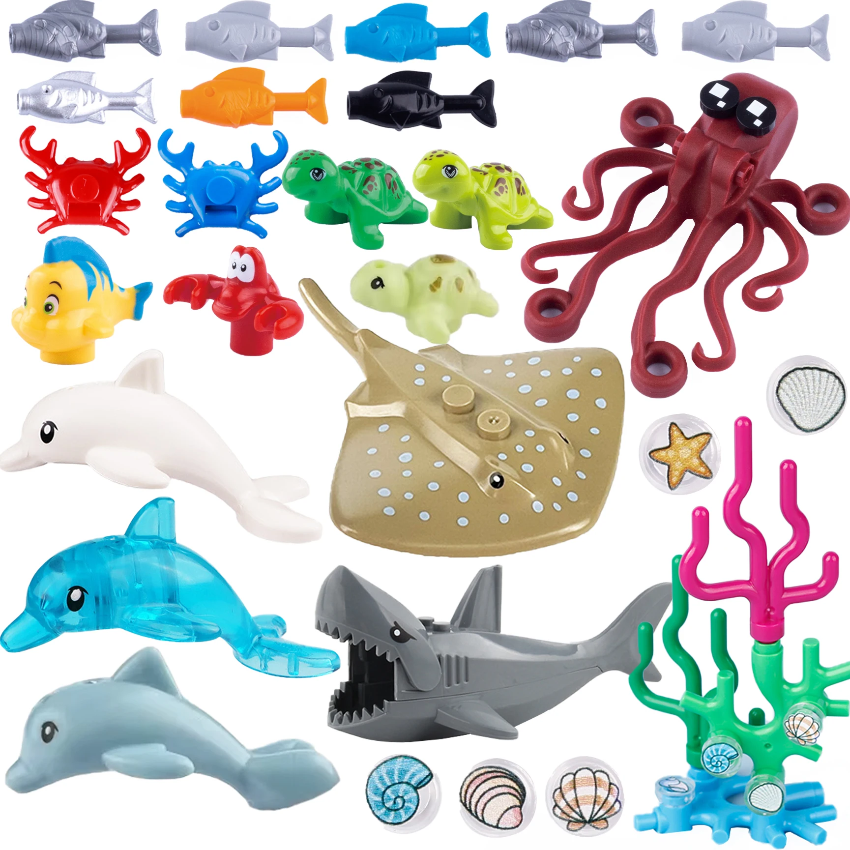 Bloques de Construcción de Animales Marinos MOC, Escena Marina, Tiburón, Pulpo, Pez Manta, Pez Payaso, Ballena, Cangrejo, Tortuga, Ladrillos de Juguete, Regalo para Niños