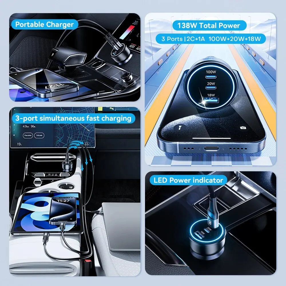 Cargador de coche ASOMETECH 138W USB tipo C cargador GaN 100W 65W 45W 20W PPS PD QC3.0 cargador rápido para ordenador portátil iPhone 15 Samsung S23