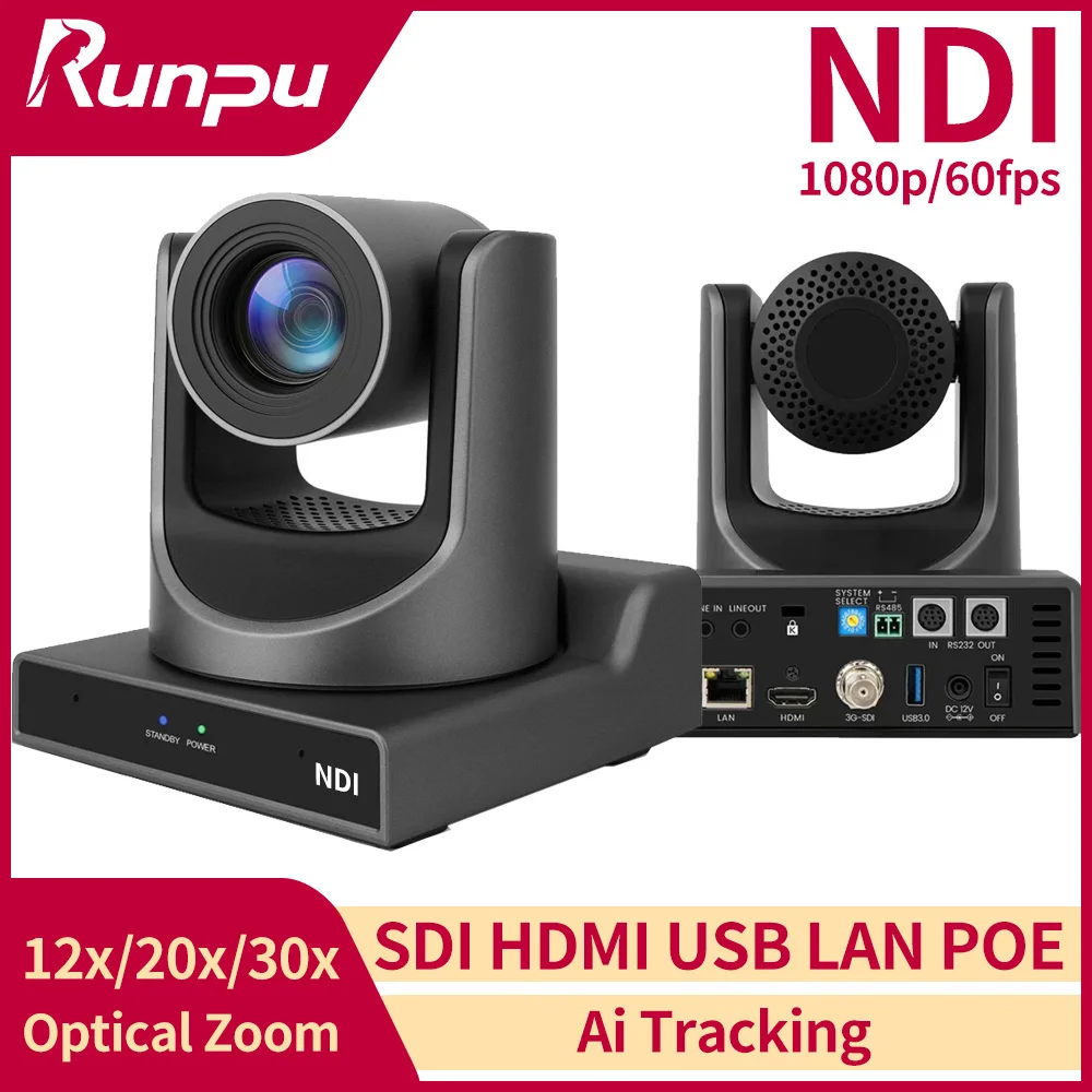 Runpu AI Tracking NDI | Cámara PTZ HX con Zoom 12/20/30x, Cámara de Conferencia PTZ con Salida SDI, HDMI y USB para Transmisión en Iglesias, POE 1080P