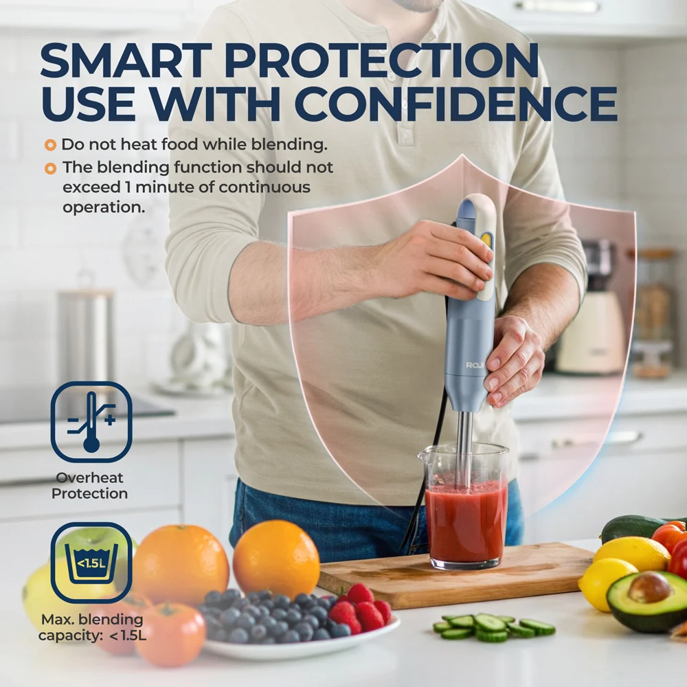 Batidora de mano, batidora de mano de inmersión con cuchillas de acero inoxidable para mezclar alimentos en la cocina, azul claro, básica clásica