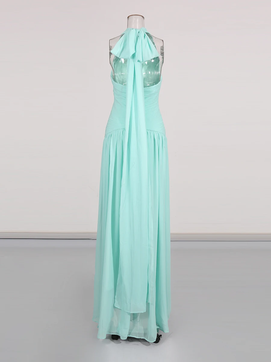 TWOTWINSTYLE, vestidos elegantes lisos adelgazantes con pliegues empalmados para mujer, vestido largo de cintura alta sin mangas con cuello Halter, ropa femenina nueva