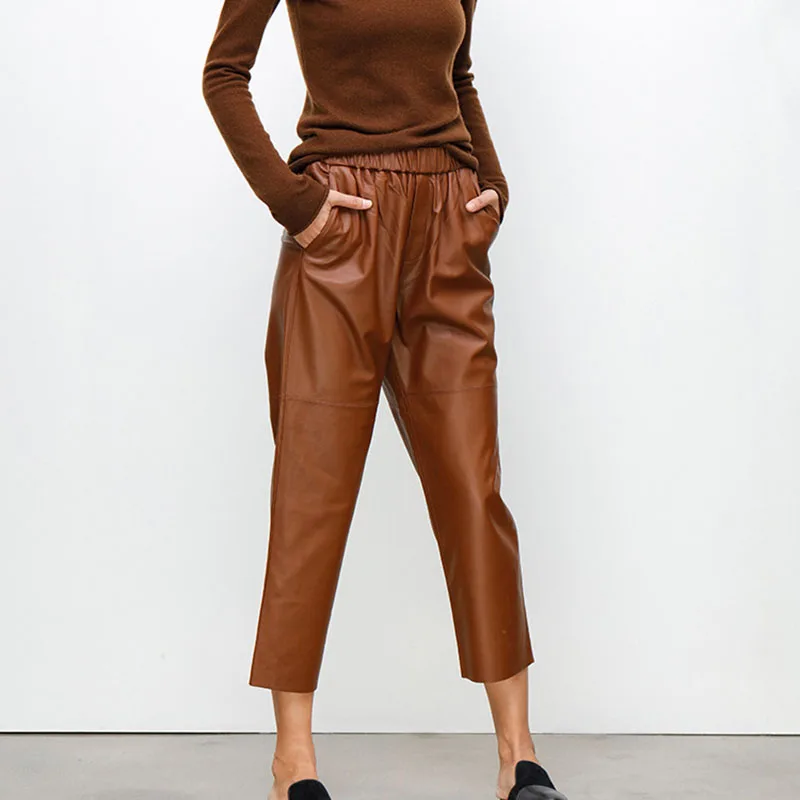 Pantalones Harem de Cuero Genuino para Mujer, Pantalones de Piel de Oveja Real, Cintura Alta Elástica, Nueva Moda Urbana 2026, Pantalones de Talla Grande, Moda Y2K