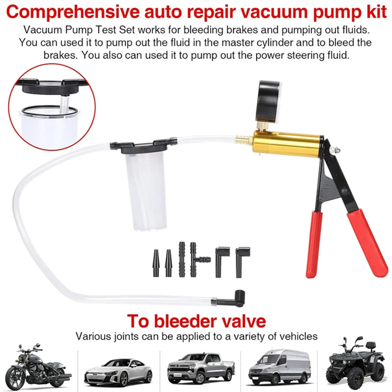 Bomba de presión de vacío Manual 2 en 1, Kit de drenaje de líquido de frenos, probador de bomba de pistola de vacío, manómetro de vacío de aluminio duradero portátil