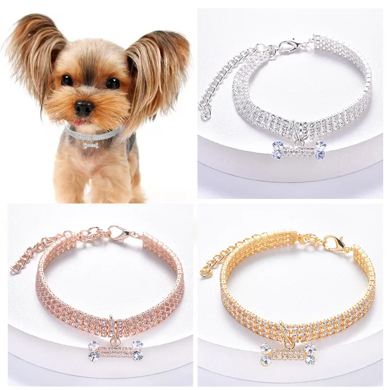 Collar ajustable para mascotas, Collar de cristal para perros y gatos, colgante de hueso con diamantes de imitación, accesorios para vestir de belleza a la moda para cachorros