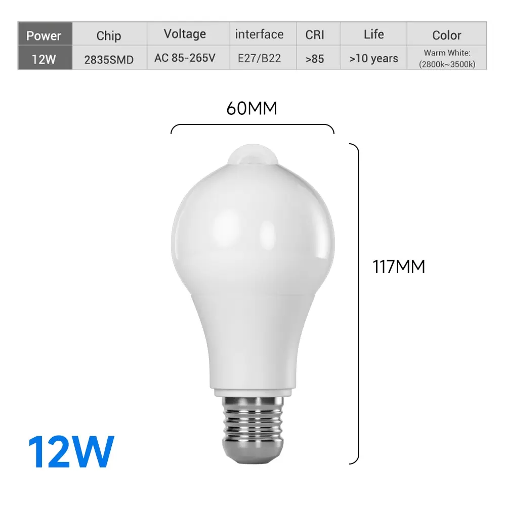 Bombilla LED con Sensor de movimiento PIR E27, inducción infrarroja humana inteligente, luz blanca cálida, interruptor automático