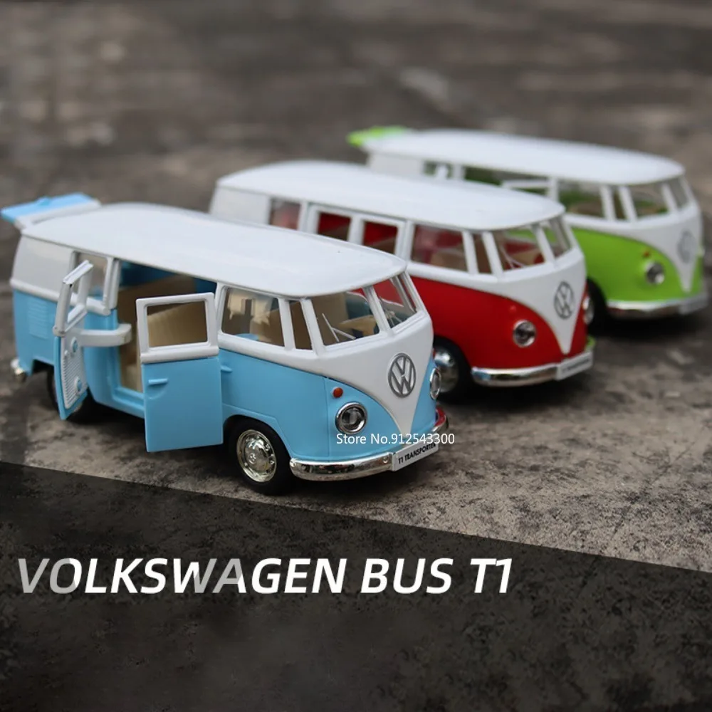 1:36 Volkswagen VW T1 autobús coche de juguete modelo aleación Diecast con puertas extraíbles modelos de furgoneta abierta los mejores regalos para niños juguete