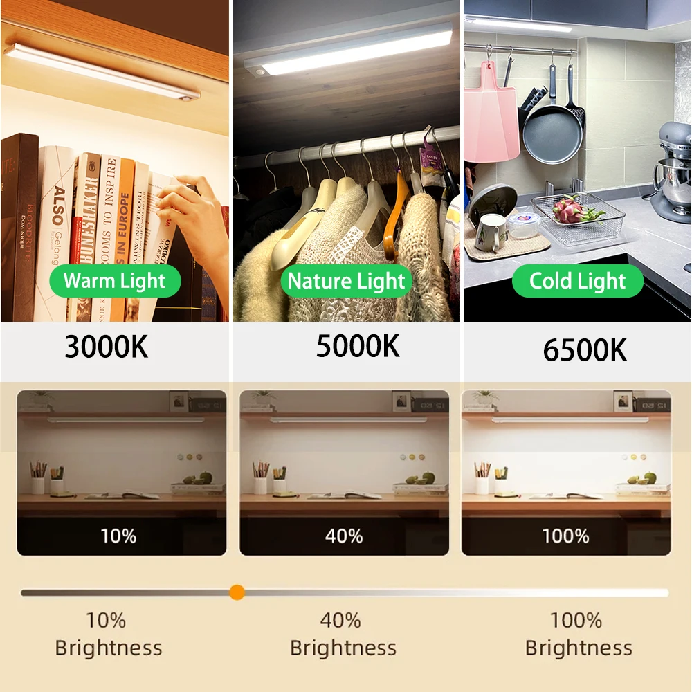 Luces de armario con Sensor de movimiento, luz LED nocturna regulable, tubo de luz Led recargable por USB inalámbrico para armario, lámpara de noche de 3 colores