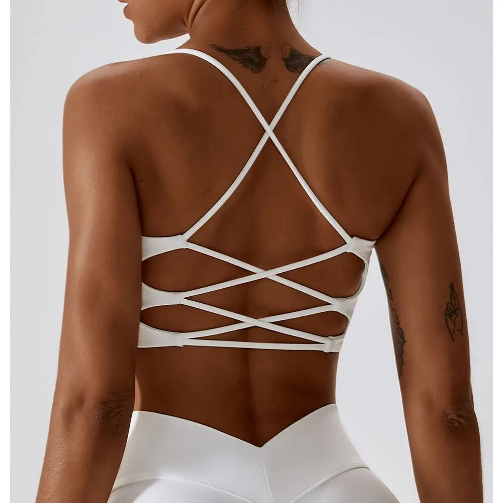 Sujetador deportivo de Color liso en forma de U con múltiples correas y espalda cruzada para mujer, Top para gimnasio, Yoga, atlético, entrenamiento ajustado, Jog suave con almohadilla para el pecho