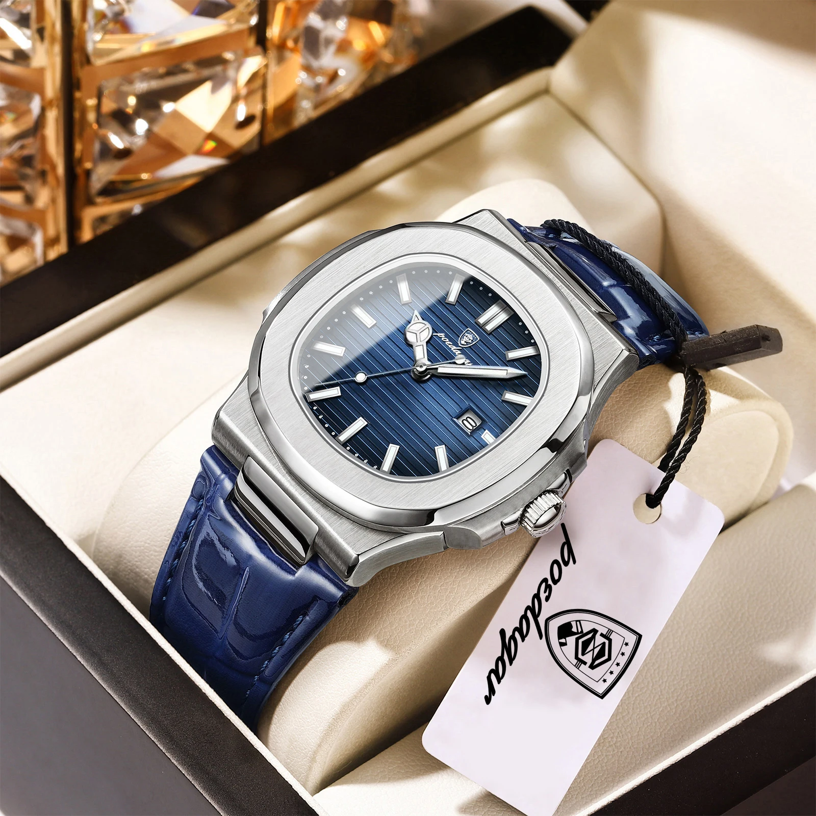 POEDAGAR Reloj cuadrado superior para hombre con fecha resistente al agua luminoso Reloj de pulsera de lujo para hombre relojes de cuarzo de cuero de alta calidad para hombre + Reloj con caja