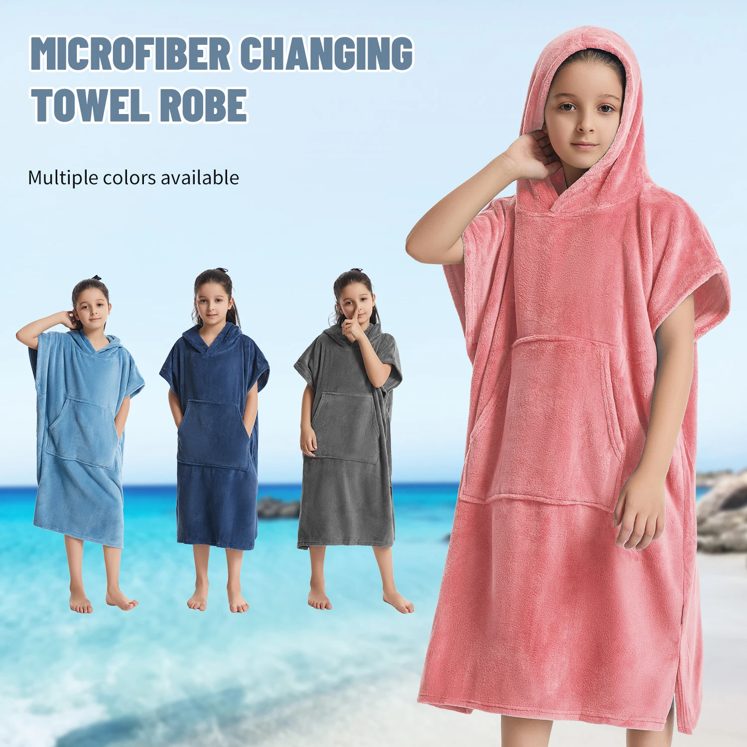 Bata de toalla cambiante para niños de microfibra: toallas de baño de felpa suave, sudadera con capucha de forro polar coral cálido, poncho de natación y surf para 5-12 años