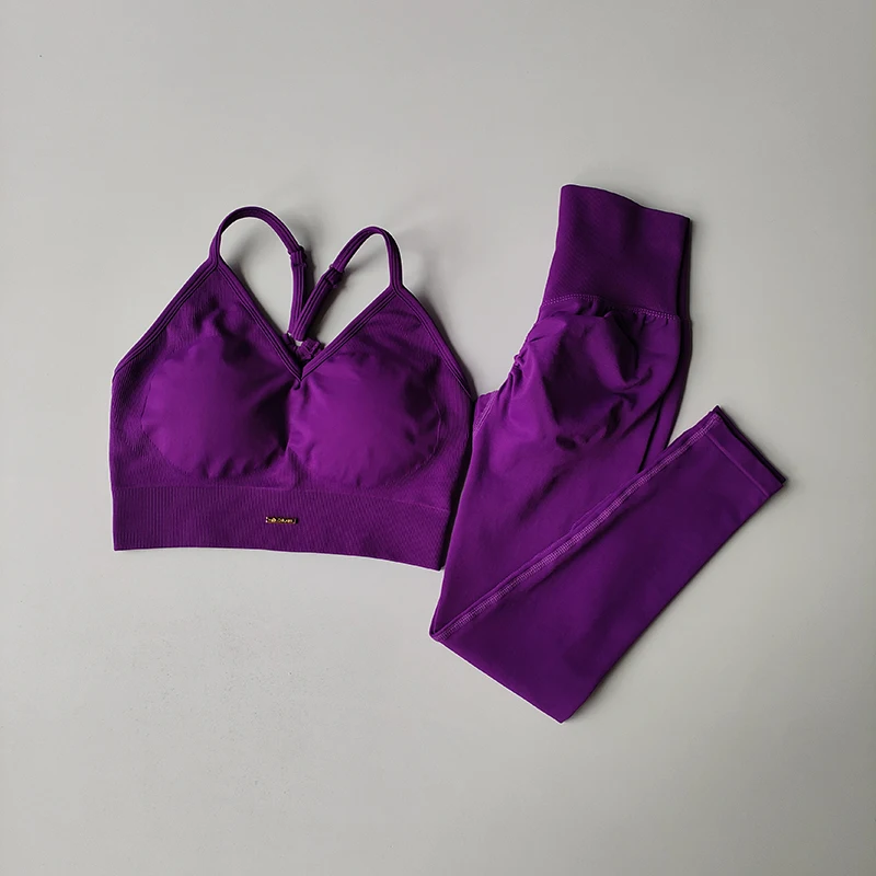 Conjunto de Fitness para levantamiento de cadera sin costuras, sujetador con cuello en V para mujer, mallas, conjunto de Yoga, ejercicio de secado rápido, masaje de hierro, pantalones ajustados de alta grasa