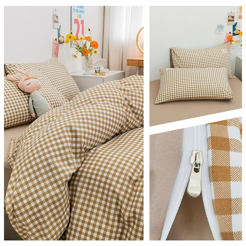 Juego de funda nórdica 100% algodón, juego de cama con rayas a cuadros, transpirable y agradable para la piel, 1 funda nórdica, 2 fundas de almohada, estilo Simple japonés