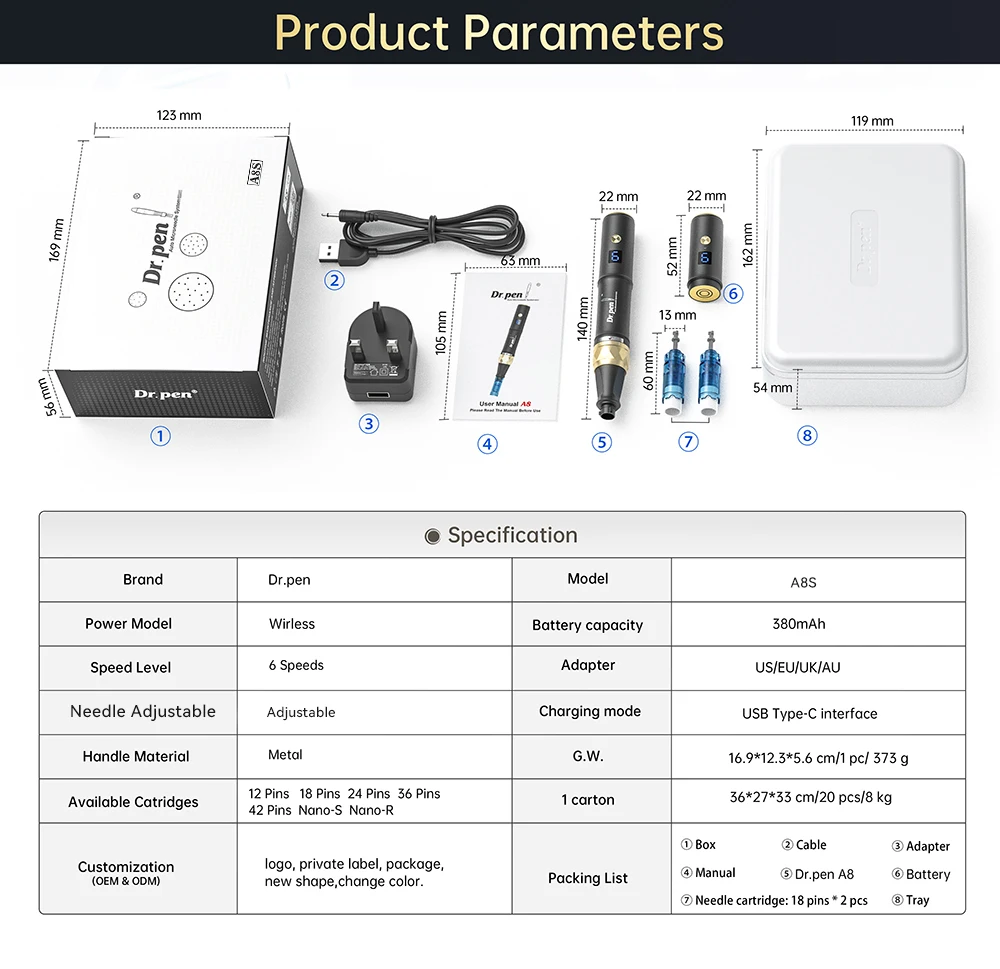 Dr. pen Original A8S inalámbrico Derma Pen piel Microneedling pluma profesional con 30 cartuchos de agujas Micro agujas cuidado de la piel