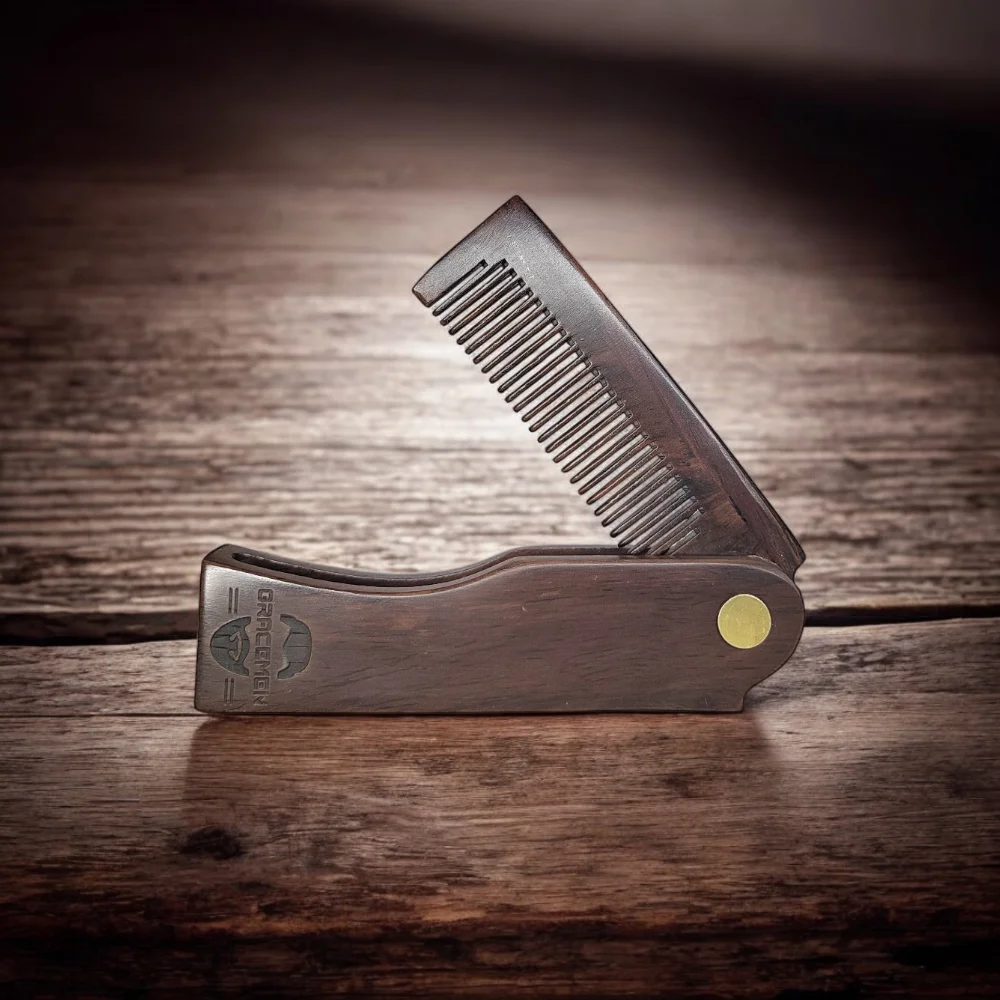 Kit de barba Gracemen: cepillo de barba retro, peine plegable premium y tijeras de acero inoxidable, juego de aseo para hombres con bolsa y estuche de PU