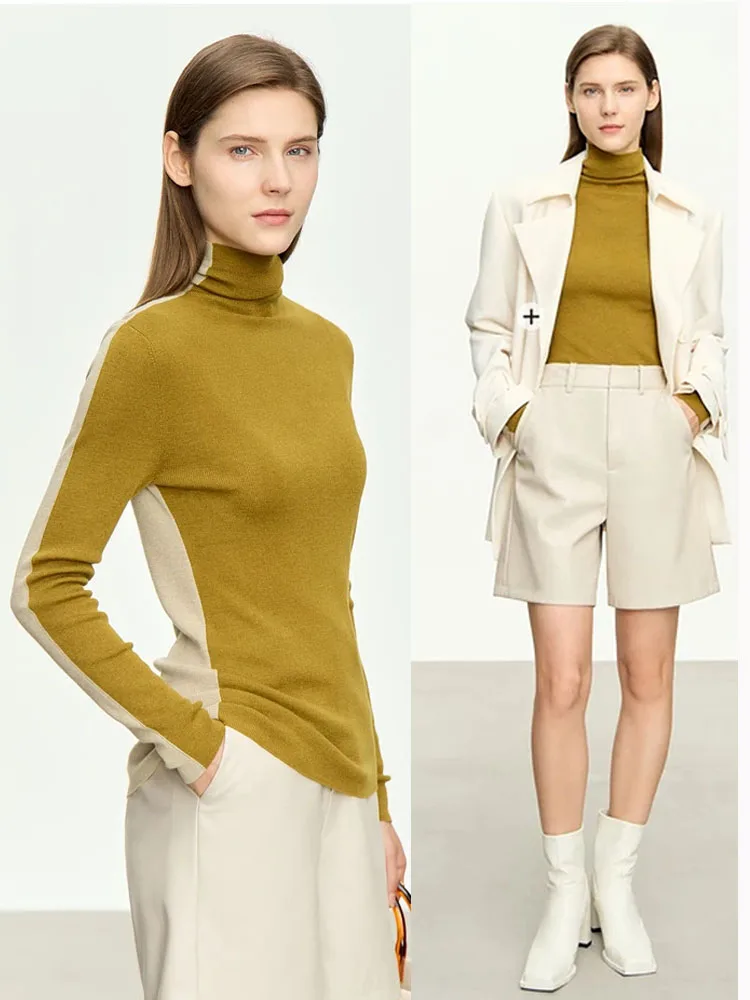 Amii-suéteres minimalistas de invierno para mujer, Tops de punto suaves ajustados de manga larga con cuello alto, jersey de retales, ropa 2024 12414019