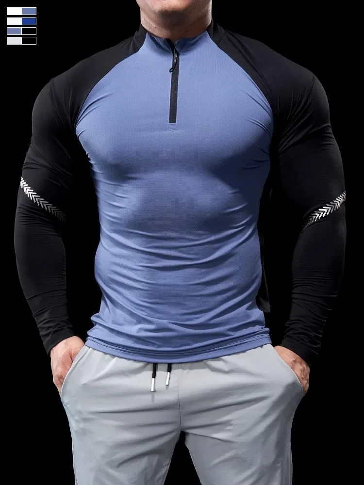 Medias de Otoño Invierno para hombre, ropa de Fitness, camisas POLO, ropa para correr con media cremallera, ropa deportiva elástica de secado rápido de manga larga fina