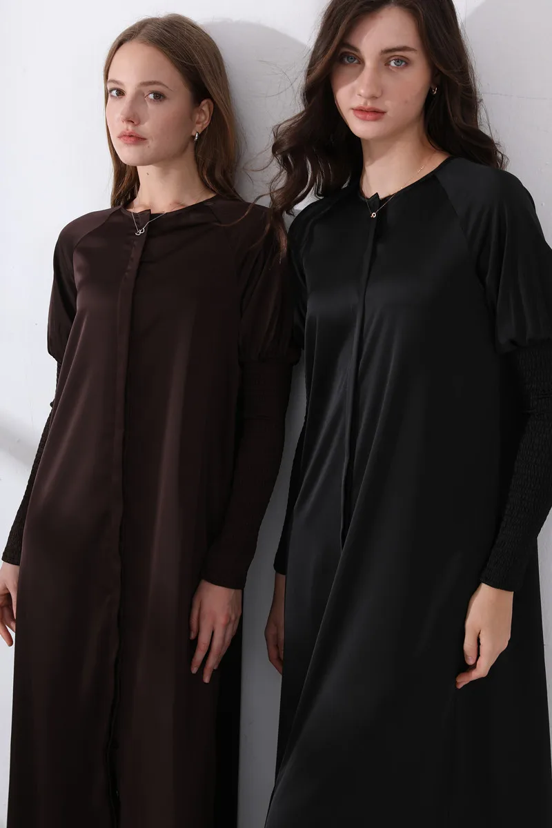 AS 2024 ropa de mujer vestido de satén diseño con botones vestido maxi con mangas ahumadas (Envío en 1 día)