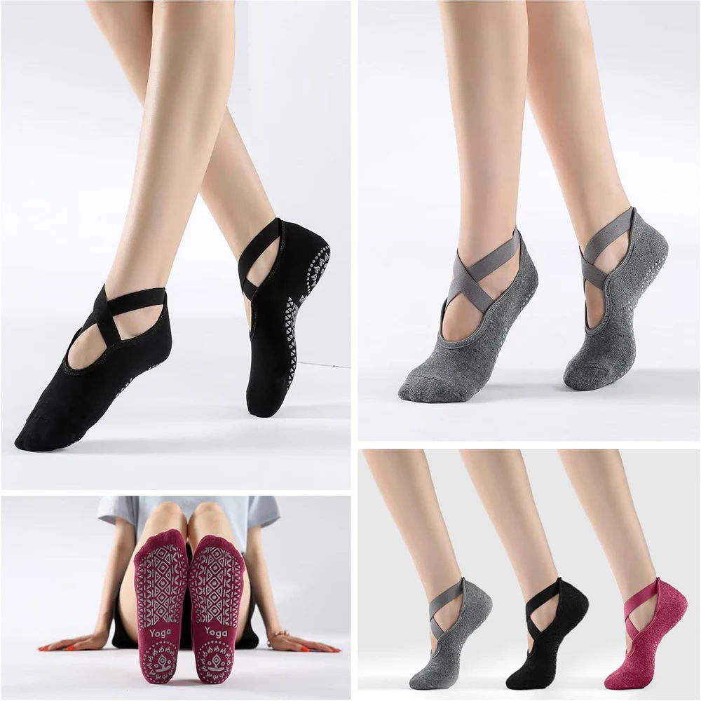3 pares de calcetines de Yoga para mujer, calcetines antideslizantes de silicona para Ballet y Pilates, calcetines deportivos de baile transpirables con espalda descubierta de algodón para mujer