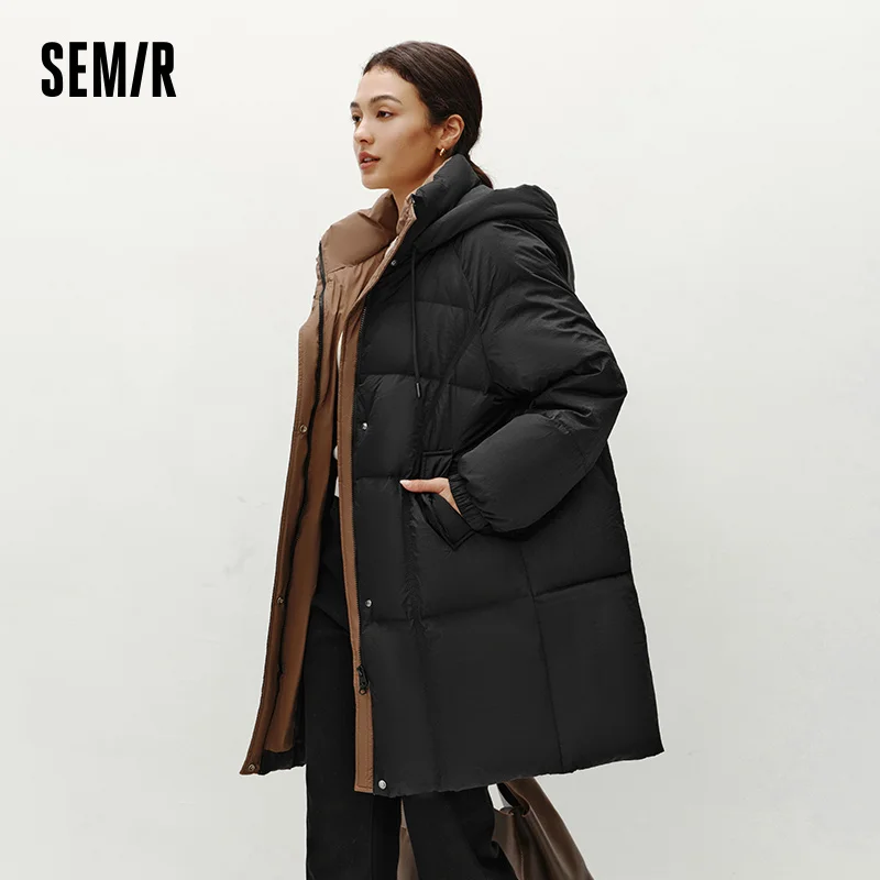 Chaqueta de Plumón Semir para Mujer, Larga, con Capucha, Negra, Invierno 2026, Nueva, Holgada, Abrigo de Moda