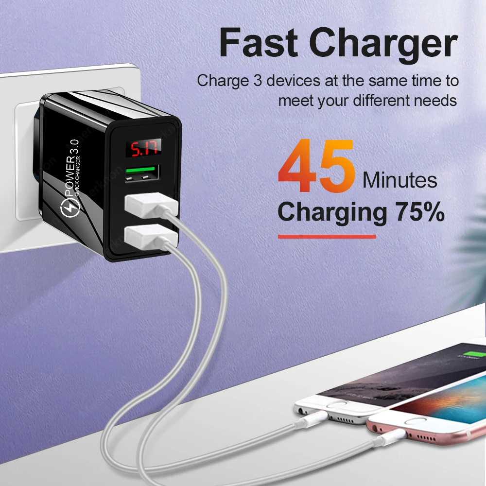 Cargador rápido USB de 3 puertos con adaptador de teléfono con pantalla LED para iPhone Samsung Xiaomi Huawei carga rápida 3,0 cargador de pared con enchufe UE/EE. UU.