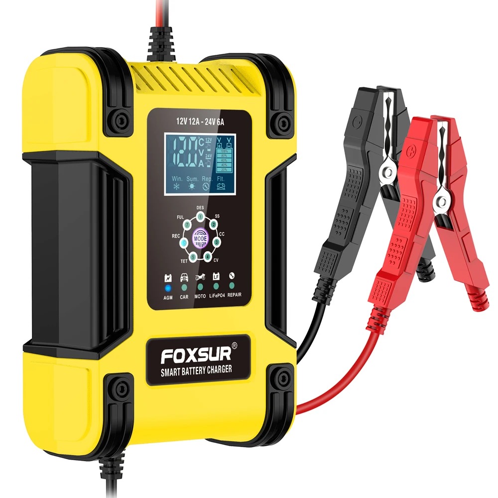 Foxsur-cargador de batería de coche completamente automático, 12V, 12A, pantalla Digital, cargadores de reparación de pulso de potencia, ácido de plomo seco y húmedo