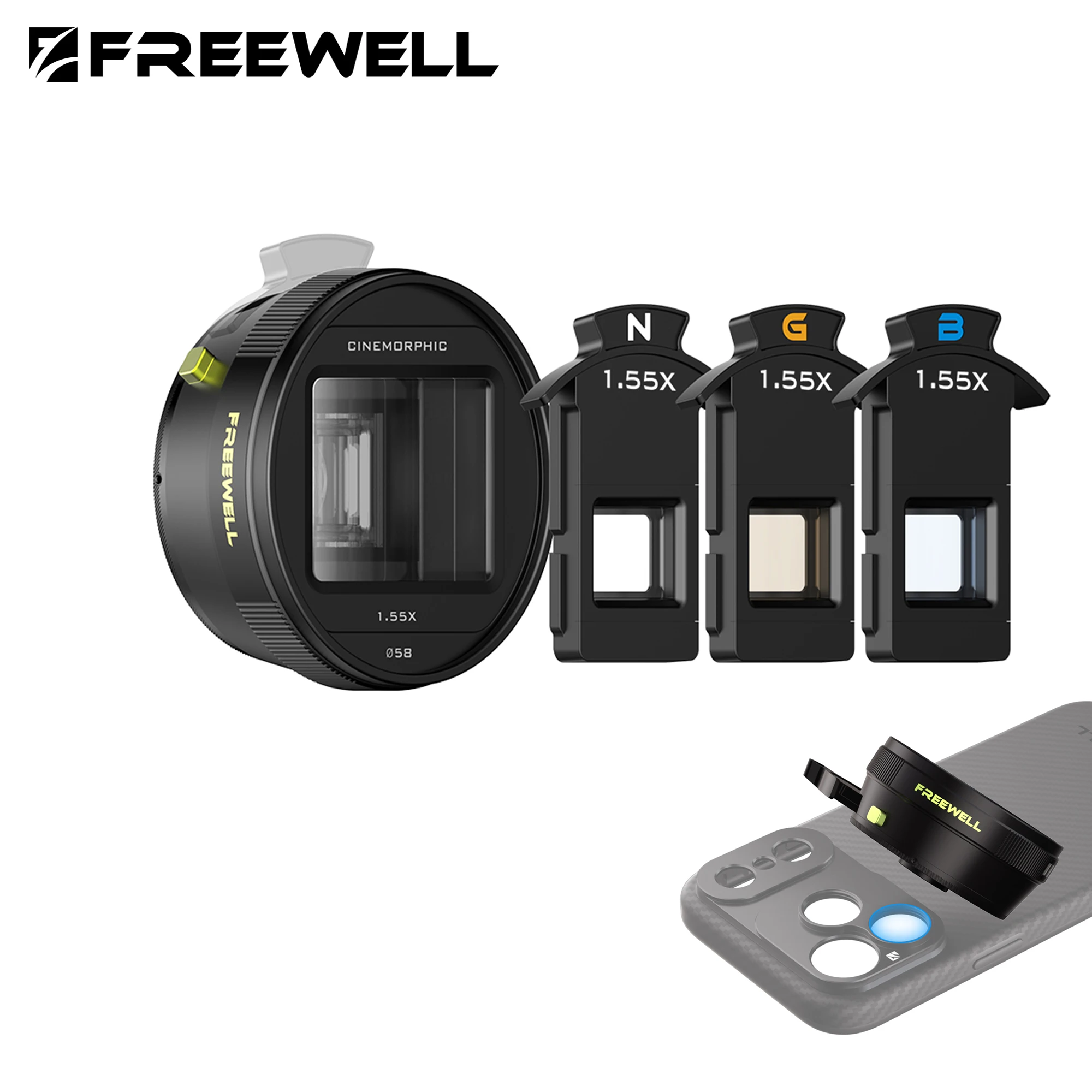 Freewell Steven Divish Pro Cine 1.33/1.55X lente anamórfica 3 en 1, bengalas neutrales vibrantes, doradas y azules para funda de teléfono con montaje de 17MM