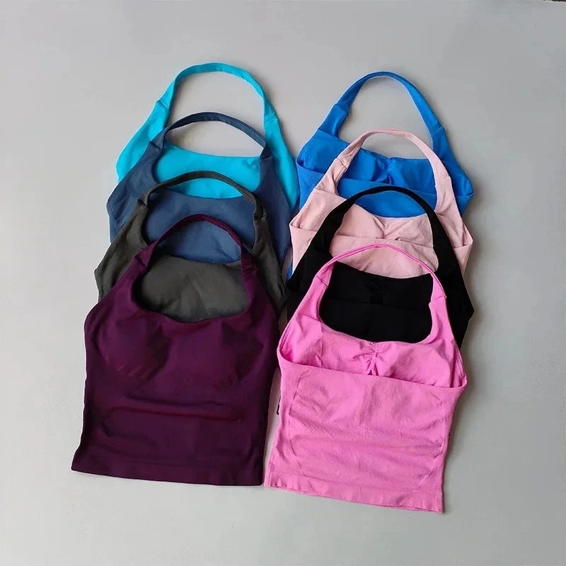 Camisetas sin mangas de Yoga con cuello Halter sin costuras para mujer, sujetador incorporado, Top acolchado para gimnasio, camisa sin mangas, ropa de entrenamiento ajustada con espalda descubierta
