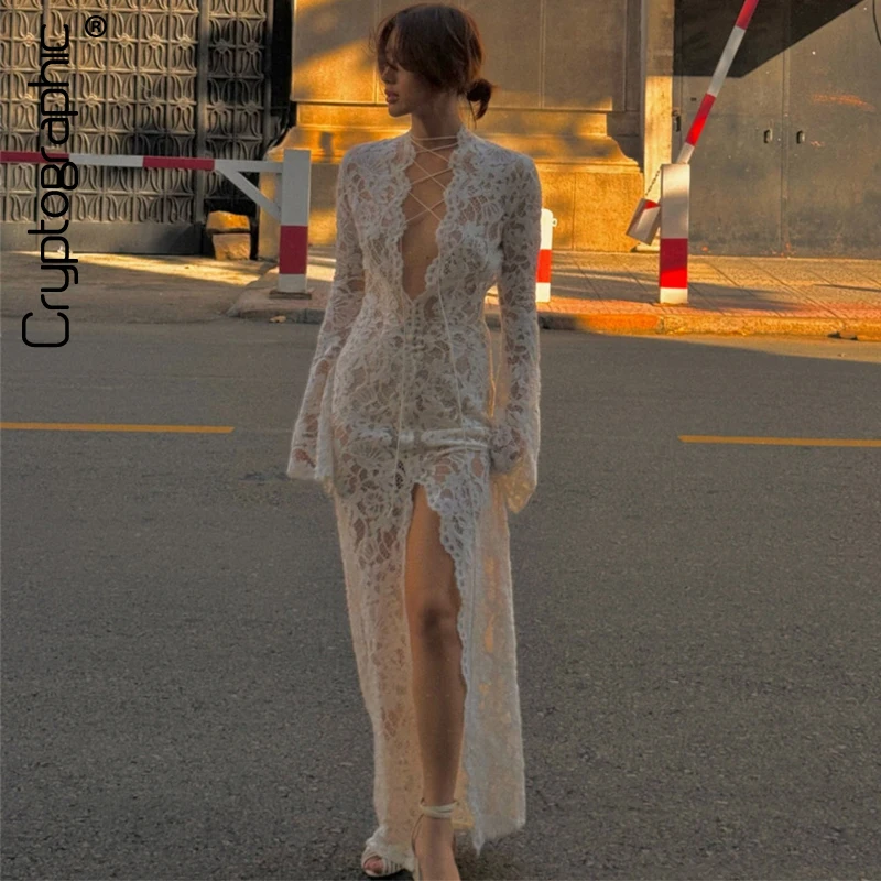 Vestido largo drapeado transparente de encaje calado criptográfico para mujer, vestidos sexis de vendaje con cordones y manga larga divididos, Vestido Coqueta